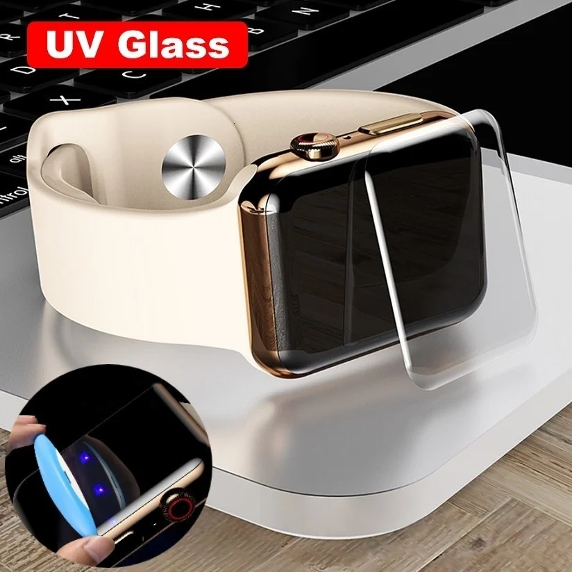 

3D Curved Full Cover Film For Apple Watch 8 SE 6 5 3 38 42 40 44mm Screen Protector Full Glue UV Glass For Series 7 8 41 45mm