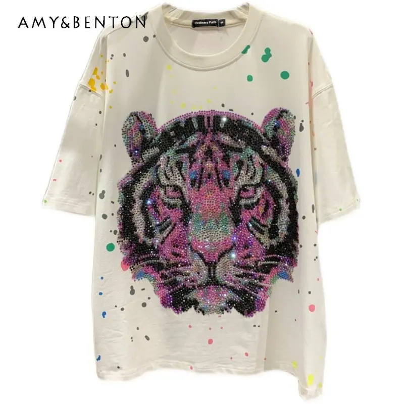 New T-shirts Tiger Head Colorful Crystals Heavy Embroidery Diamond Drills Men's Women's Splash-Ink Colorful Graffiti Tops Tees