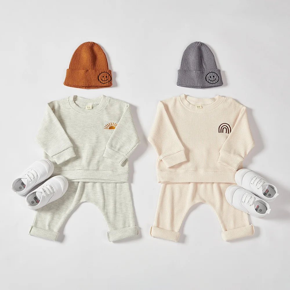 Ins Baby Clothes Set Spring Autumn Boy Waffle Ger Sun Rainbow Embroidery Baby Spring Clothes Hoodie Kids Baby Girl Boy Clothes