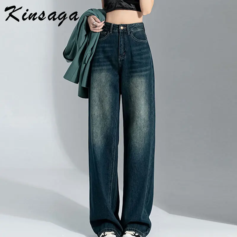

Korean Fashion High Waist Mopping Straight Jeans Women Vintage Preppy Wide Leg Baggy Jeans Casual All Match Blue Trousers 90s