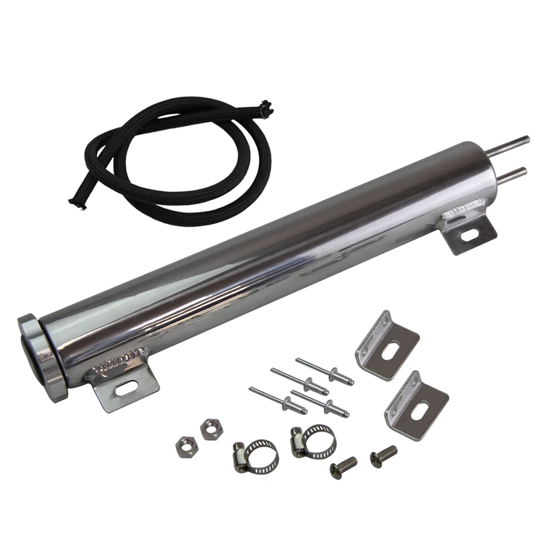 

2" x 13" inch Polished Aluminum Radiator Coolant Overflow Tank & 4AN 1M Braided Nylon Oil Hose