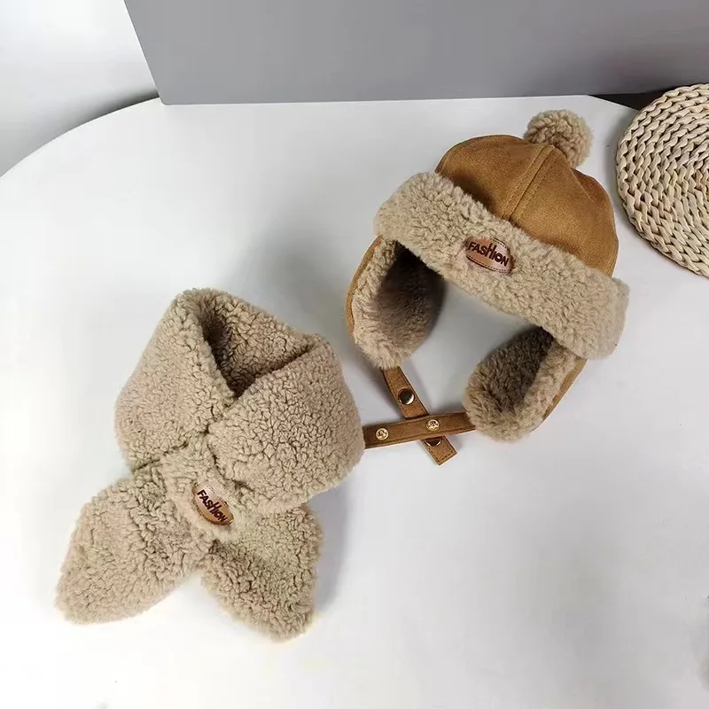 

Зимняя детская шапка с защитой ушей, ветрозащитная детская Шапка-бини для маленьких девочек и мальчиков, шапка-шарф, комплект из 2 предметов, теплая Регулируемая шапка, шапки, новинка