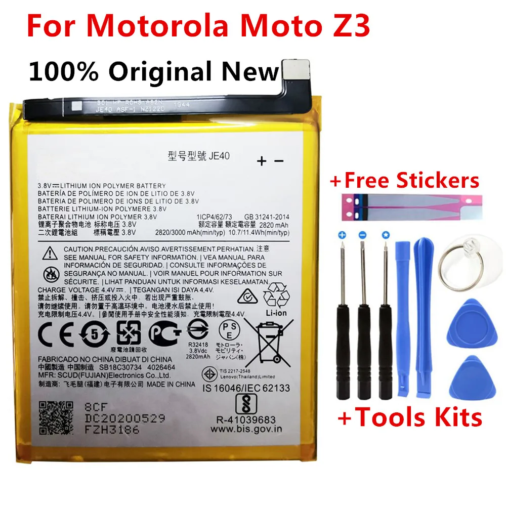 

100% оригинальный новый 3000 мАч/Втч JE40 Сменный аккумулятор для телефона Motorola Moto Z3 JE40 батарея батареи