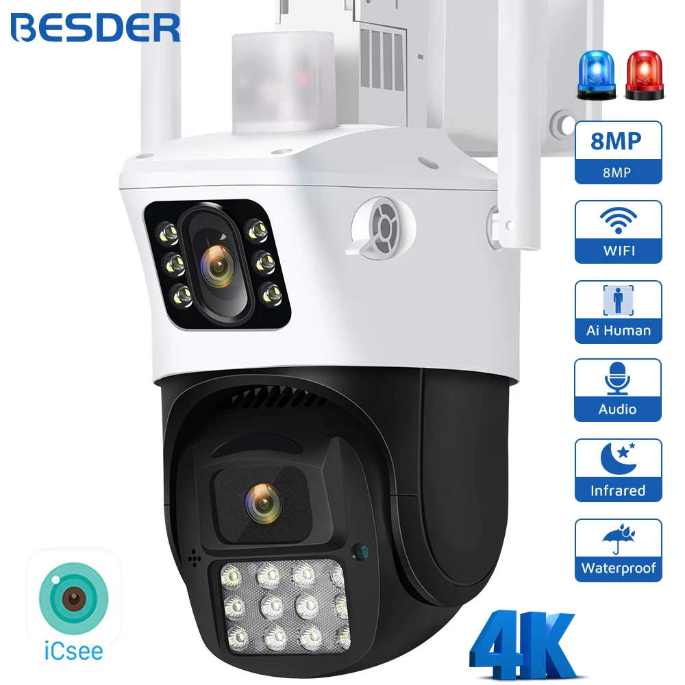 

BESDER 8MP Dual Screens WiFi Camera PTZ AI Human Detection Outdoor 4K CCTV Surveillance Cameras 4MP Security IP Camera ICSEE App