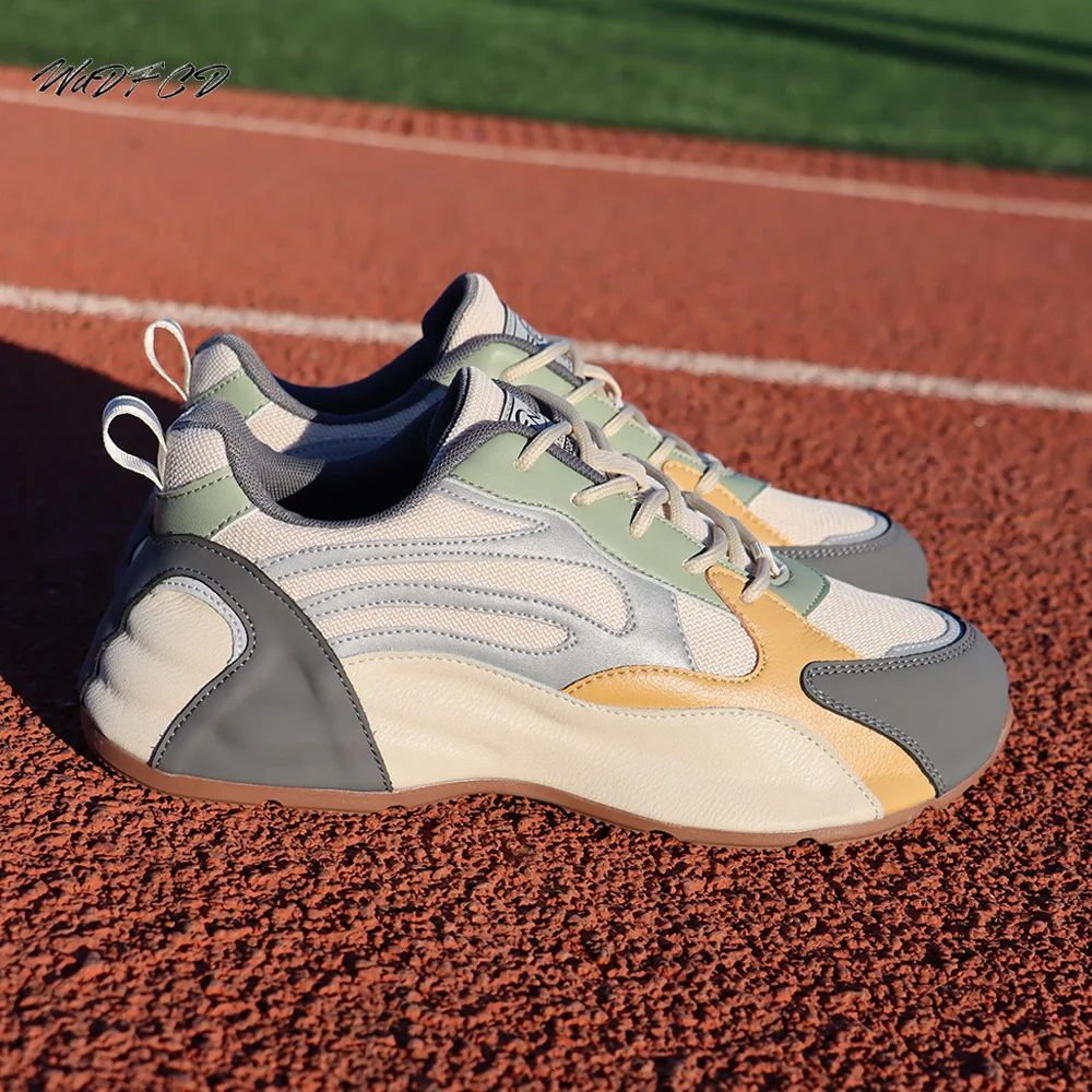 

Men Chunky Sneakers Fashion Casual Secondary Leather Cowhide Mesh Breathable Increased Internal Cover Bottom Platform Shoes
