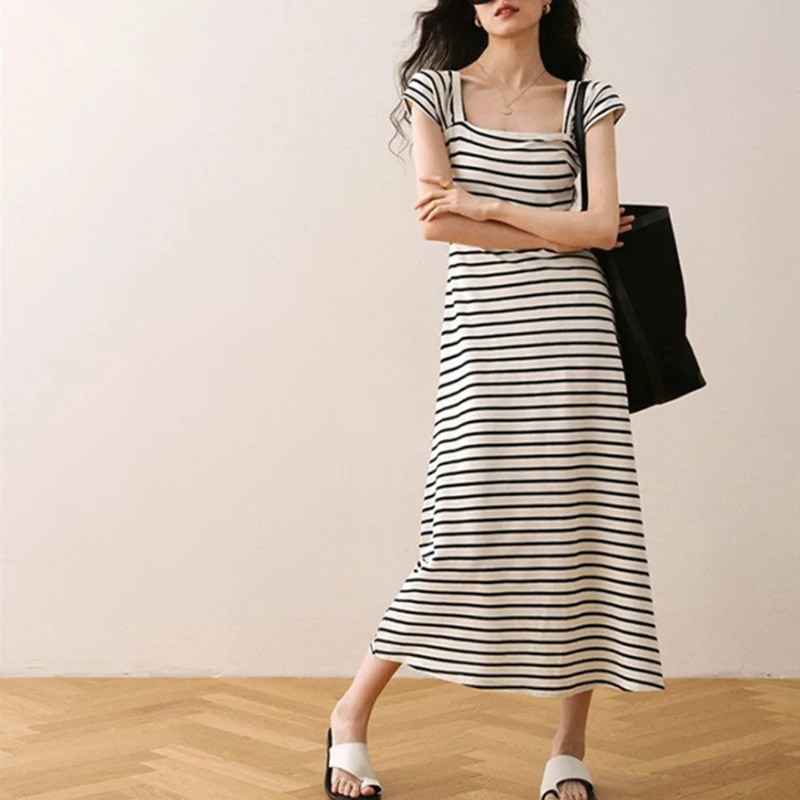 Корейское платье в полоску женское модное облегающее Элегантное летнее пляжное