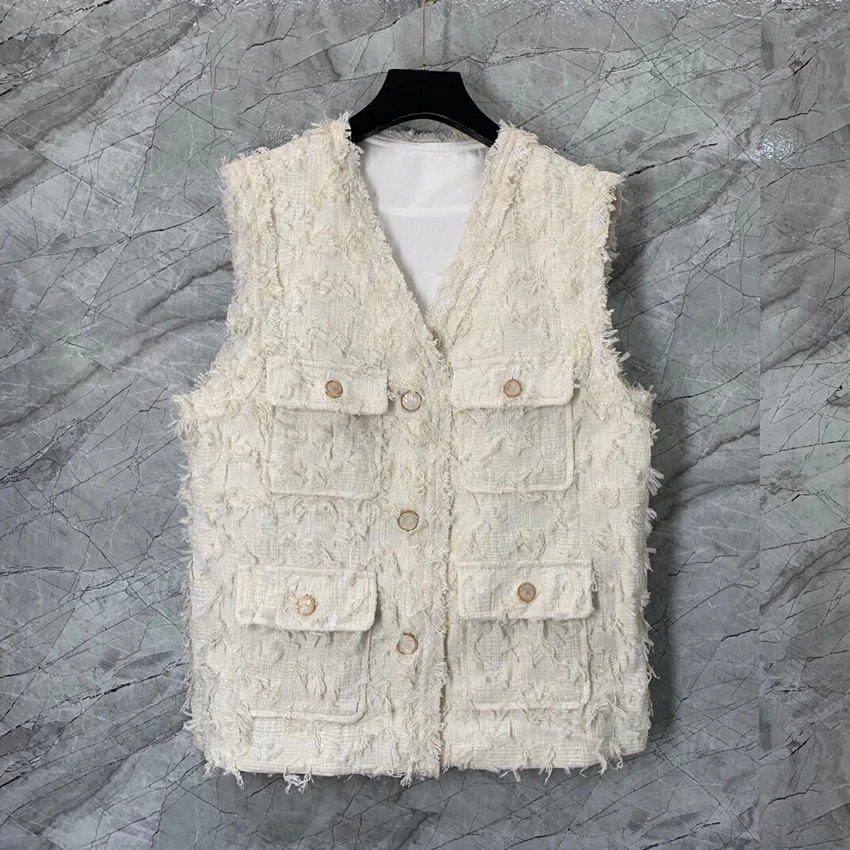 

2023 new women fashion high quality sleeveless V-neck beard pocket ladies style tweed vest top 0731