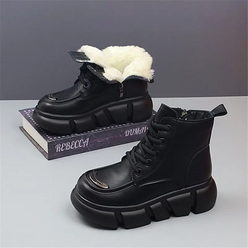 

Women'S Winter Anti-Skid Snow Boots, Leather And Fur Integrated Plush And Thick Soled Short Boots, Warm Martin Boots