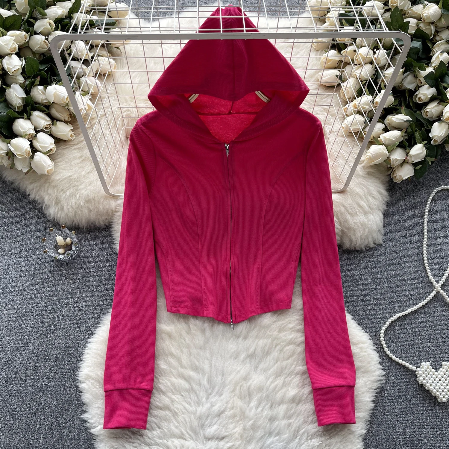 

Spring and Autumn 2023 New Leisure Sports Style Solid Color Hooded Shirt Female, Zipper Jacket