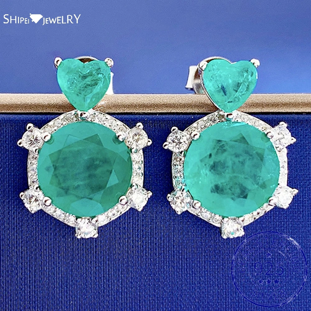 

Shipei 925 Sterling Silver 8*8 MM Created Moissanite Paraiba Tourmaline Gemstone Ear Studs Earrings For Women Party Fine Jewelry