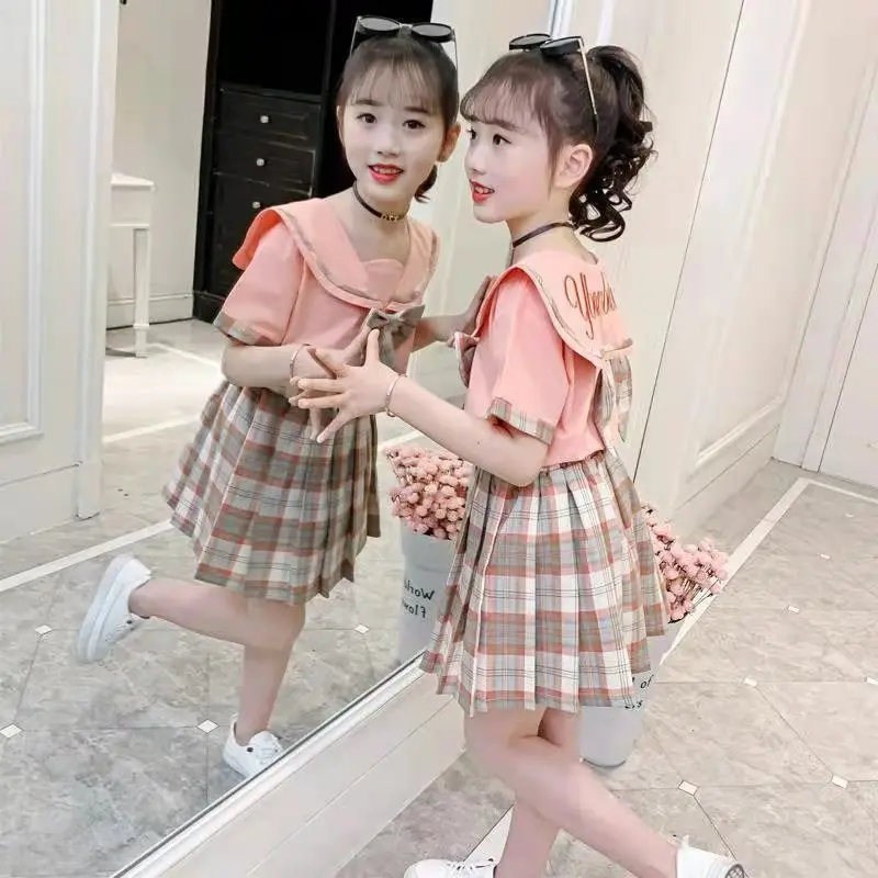 

Kids Girl Short Sleeve T-shirt +plaid Skirt 2pc Summer Suits New Girls Preppy Style Children Plaid Clothing Set