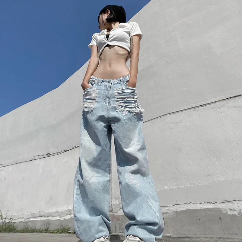 Women's Jeans Wide Leg Pants Trousers Women Streetwear Y2k Vintage Clothes Casual Distressed Jeans Gradient Loose Denim Pants