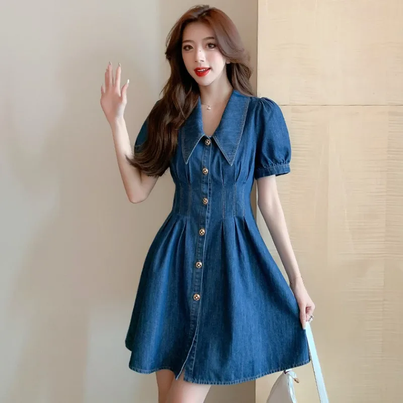 

Summer Denim A-Line Dress 2022 Fashion Design Women Lapel Single Breasted Casual Short Sleeve Mini Dress Vestidos