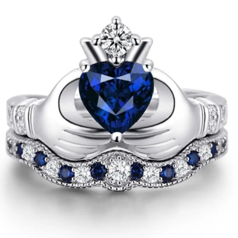 

2020 Trendy Hand Holding Blue Crystal Heart-Shaped Crown Ring Set For Women For Engagement Party Wedding Jewelry Accessories