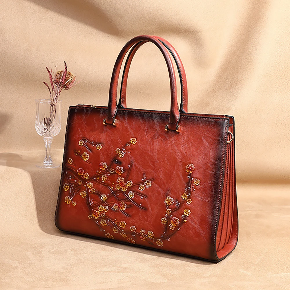 Chinese Style Female Bag Handbag Red Flower Embossing Pu Leather Women Printing Bag For Woman Handbags Embroidery Vintage Tote