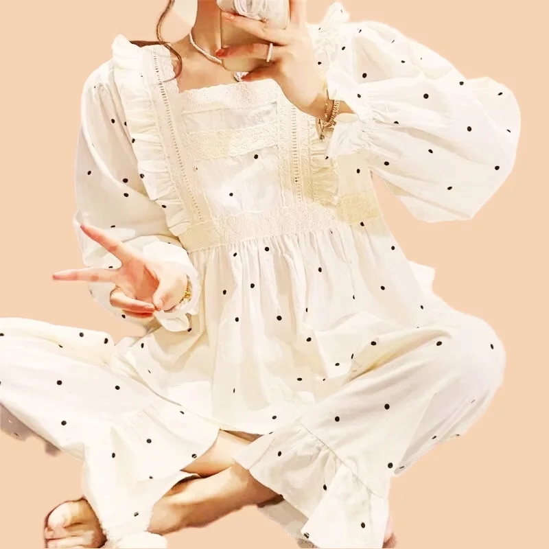 Pretty Women's Pajamas Set Full Sleeve Tops Long Pants Spring Cute Bow Pyjama Sweet Homewear Plus Cozy Sleepwear Pjs