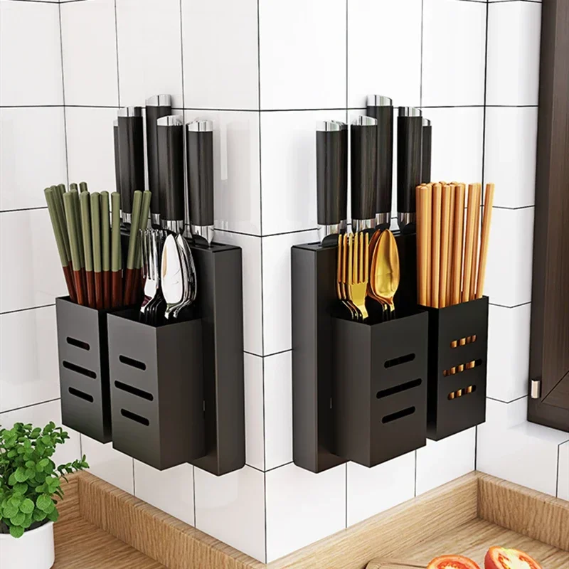 

2 in 1 Black Stainless Steel Wall Mounted Knife Holder Cutlery Storage Rack Spoon Forks Organizer Container Drying Drainer