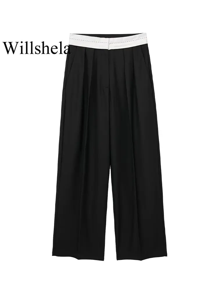 

Willshela женские модные черные лоскутные брюки на молнии спереди винтажные длинные женские прямые брюки с высокой талией