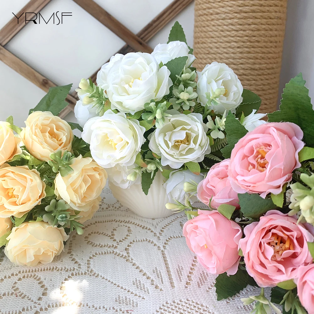 Искусственные цветы 10 бутонов пионов розовые и белые шелковые розы букет невесты