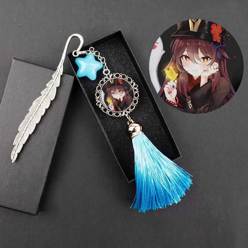 

Genshin ударопрочный брелок для ключей женские Мультяшные аниме металлические аксессуары Hu Tao Klee Zhongli Venti Закладка с кисточкой