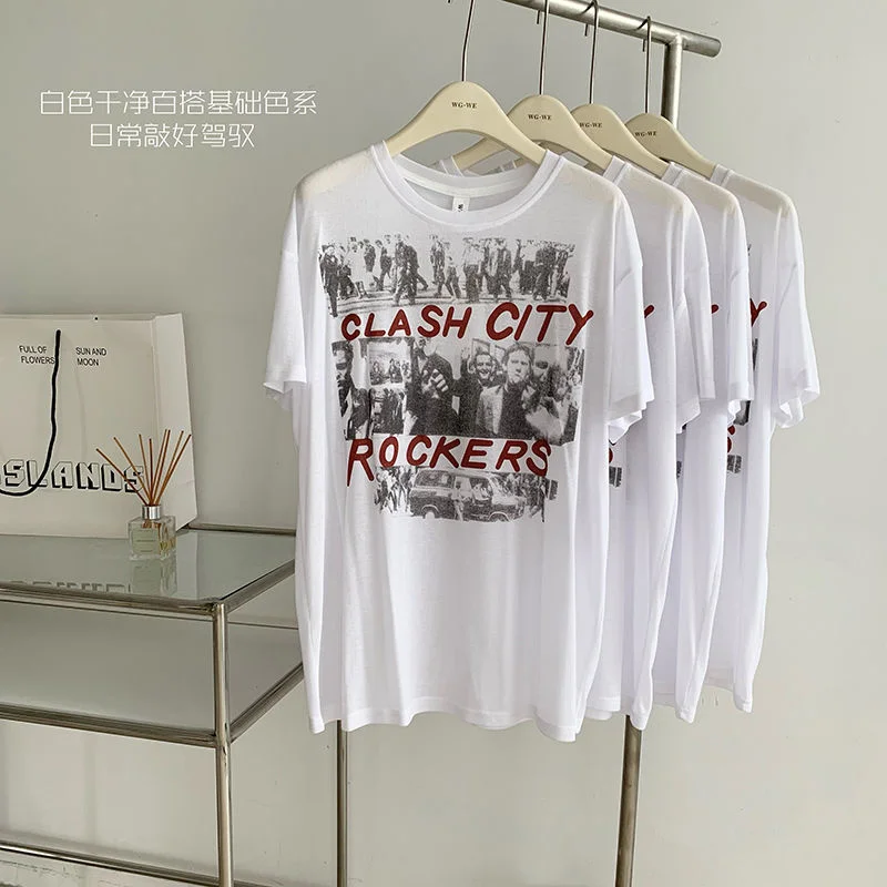 

Женская прозрачная светильник легающая футболка, белая эластичная футболка с коротким рукавом и рок-принтом, лето