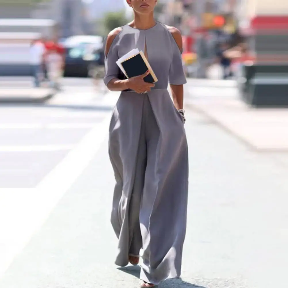 

Fashion Women Jumpsuit Wide Leg Summer Slant Pockets Long Jumpsuit Crew Neck Cold Shoulder Half Sleeve Front Hollow