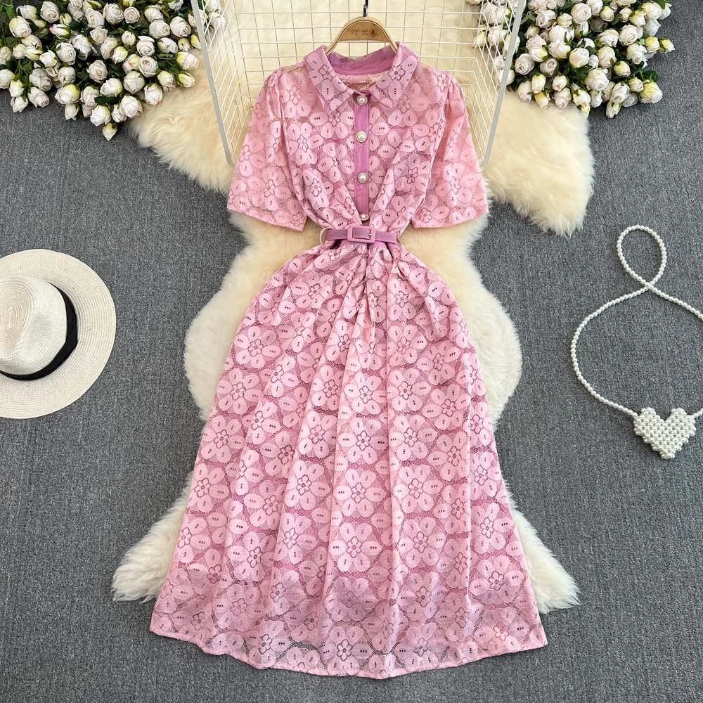 

Summer Light Mature Wind Retro Short-sleeved Lapel Waist Skinny Medium-length Section a Word Lace Dress