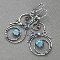 vintage earrings ethnic tribal antique silver hollow round drop earring bohemian handmade blue beads stone drop dangle earrings
