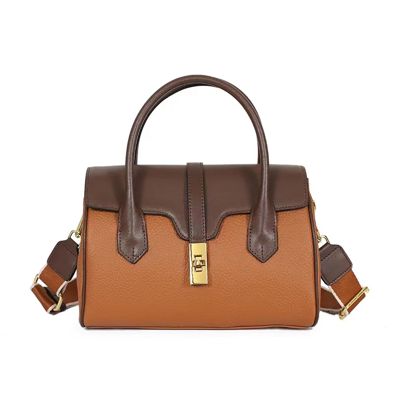 Women's Genuine Leather Handbag 2022 New Fashion Contrast Color Retro Totes Pack Large Capacity Shoulder Messenger Bag