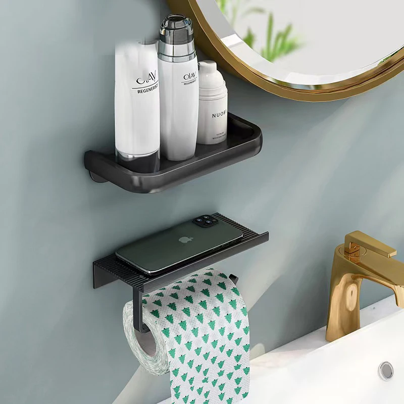 

Bathroom Tissue Holder With Hook Multifunctional Kitchen Double-layer Paper Roll Aluminum Wall-mounted Mobile Phone Storage Rack