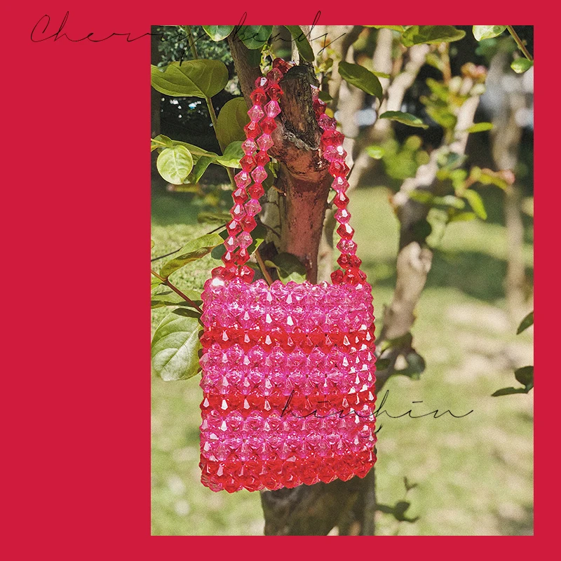 

Cherry Color Purses and Handbags Acrylic Hand-woven Beaded Crystal Handbags Women Bags Designer Pearl Beaded Large Totes