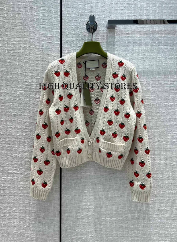 

2022 Sweet lovely autumn winter new long sleeve V-neck strawberry embroidery cardigan luxury brand sweater female Knitted coat