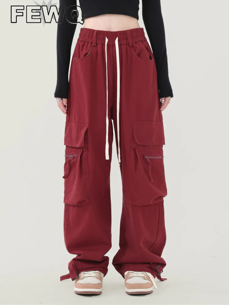 

FEWQ Cargo Pants Male Multi Pockets Drawstring Overalls High Street Wide Leg Pants 2023 Autumn New Couple Trousers Tide 24B23