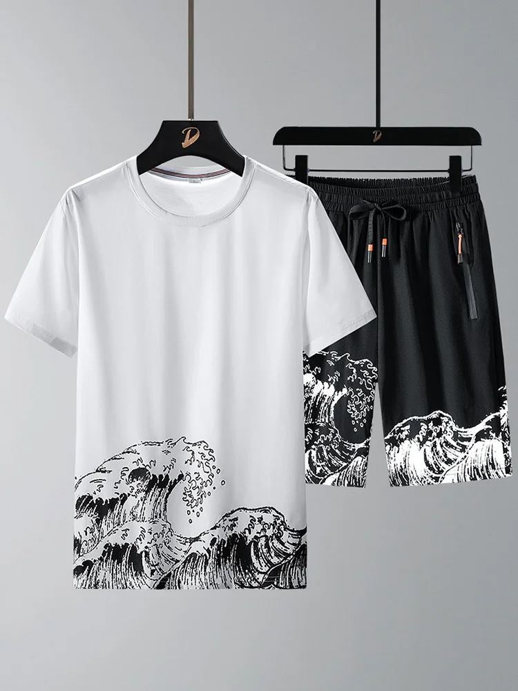 

Plus Size Men's Summer 2 Piece Sets T-shirts+Shorts Wave Pattern Casual Short Tracksuit Men Sportswear Jogging Sweat Suits 8XL
