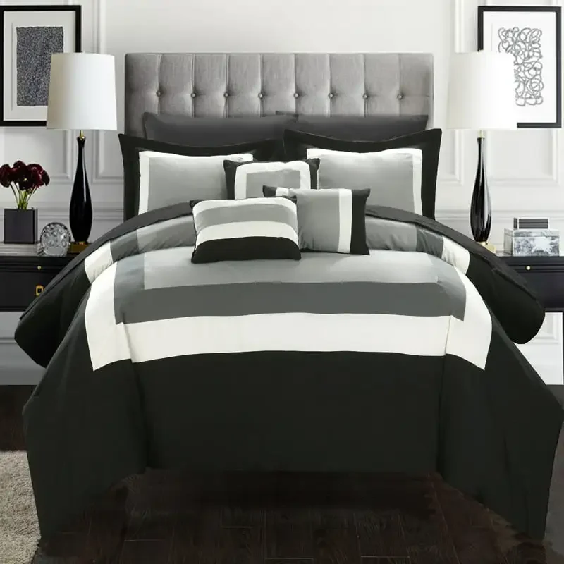 

Hot Sales High Quality 10-Piece Pieced Color Block Bed in a Bag Comforter Set, ,Black For Adults