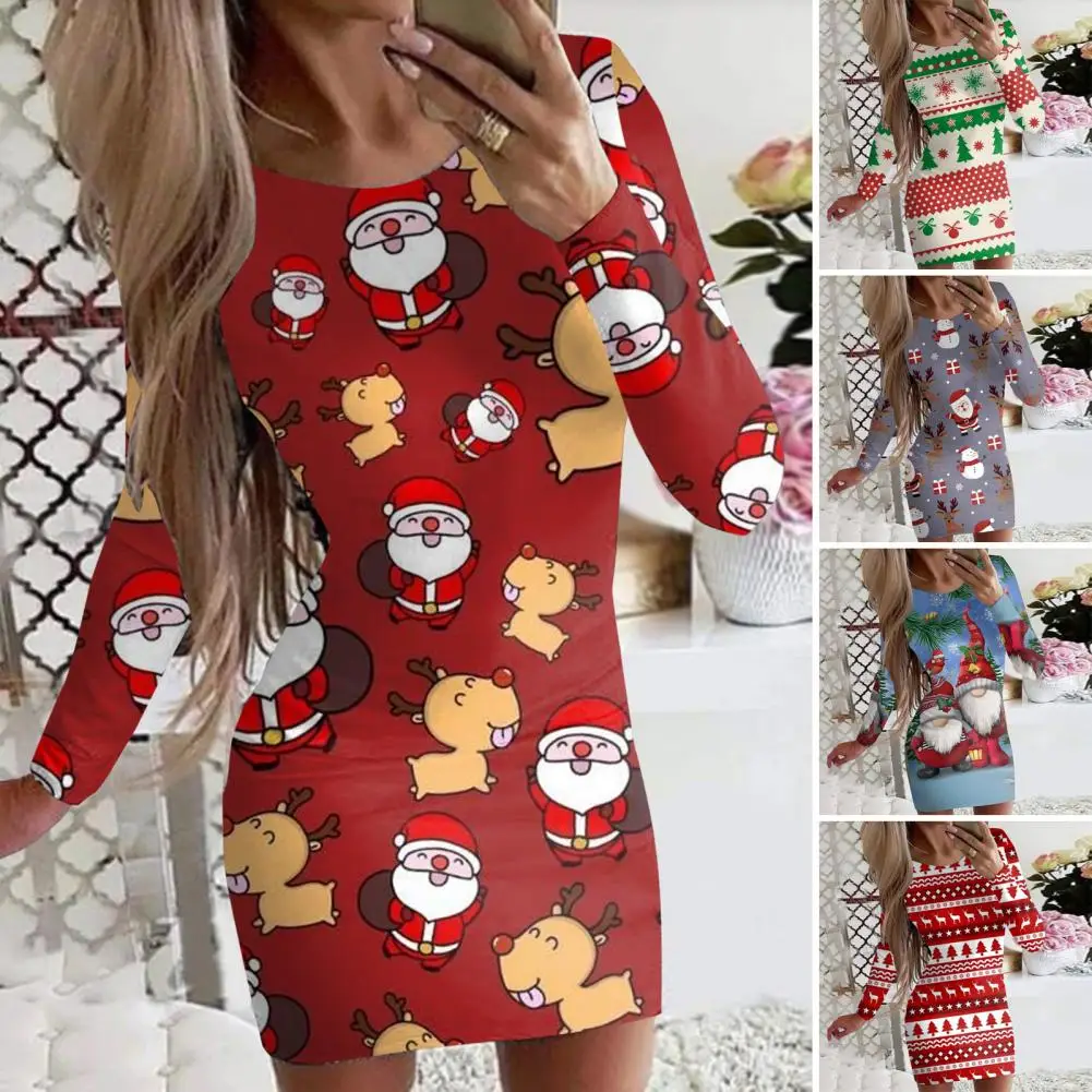 

Ladies Fashion Christmas Dresses Elegant Autumn Winter New Year Ladies Long Sleeve Cartoon Print Dress Party Streetwear