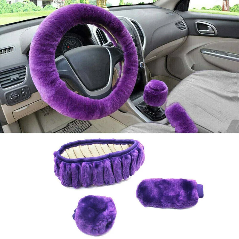 

3 Pcs/ Set Universal Purpul Car Steering Wheel Cover Handbrake Gear Shift Thick Furry Fluffy Warm Winter High Quality Faux Wool