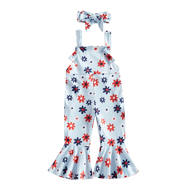 

Kids Girl Suspenders Jumpsuit Set Summer Floral Print Sleeveless Rompers Flare Pants and Stretch Headband