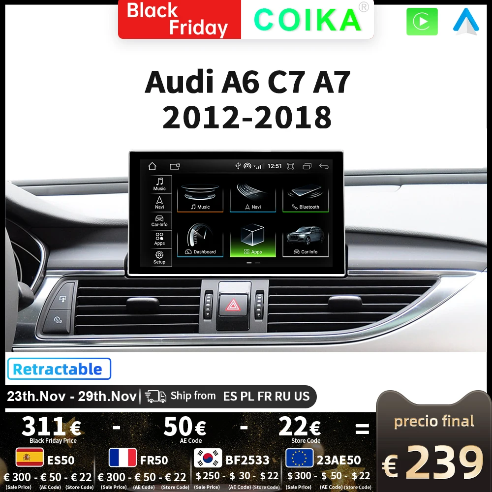 8 Core Android 12 System Car Multimedia Stereo For Audi A6 C7 A7 2012-2018 WIFI 4G 8+128GB RAM Carplay IPS Touch Screen GPS Navi