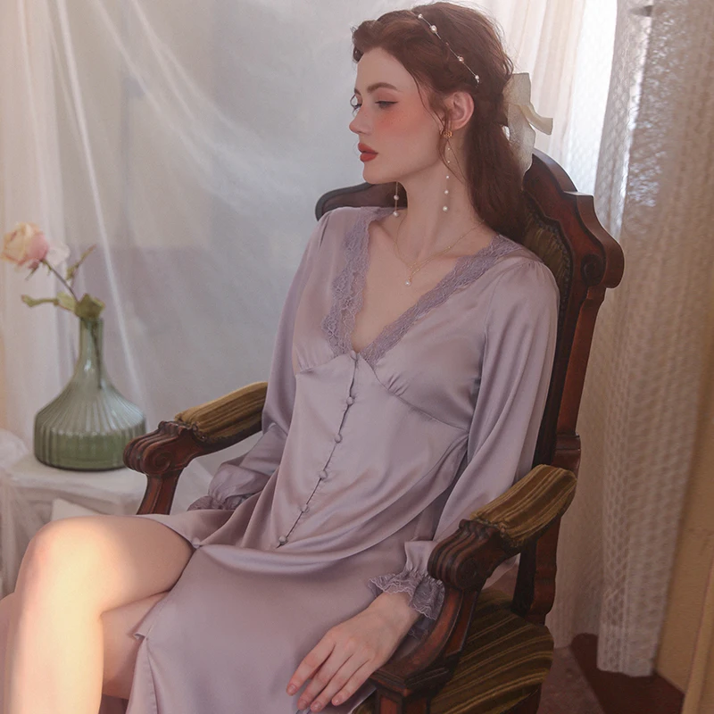 Solid Color Underwear Nightgown Long Pajamas Lace Long Sleeve Women Comfortable Sweet Homewear V-Neck Lingerie Casual Nightdress