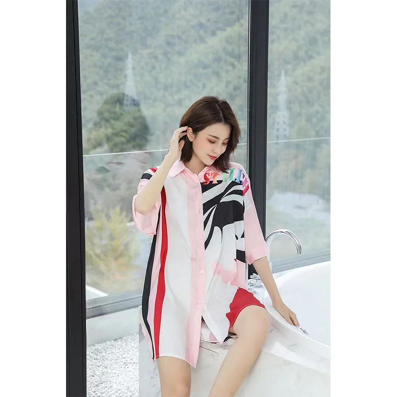 YFTNH Women's Nightdress Fashion Satin Silk Soft Stripe Printing Short Sleeve Mini Nightgown Summer Sleepwear Homewear