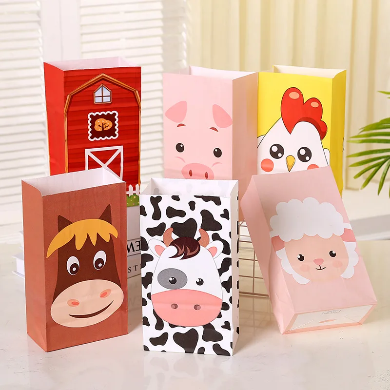 

12pcs Animal Theme Party Gifts Bags Cattle Pig Chicken Pattern Candy Paper Bags Birthday Party Decoration Festivals Supplies