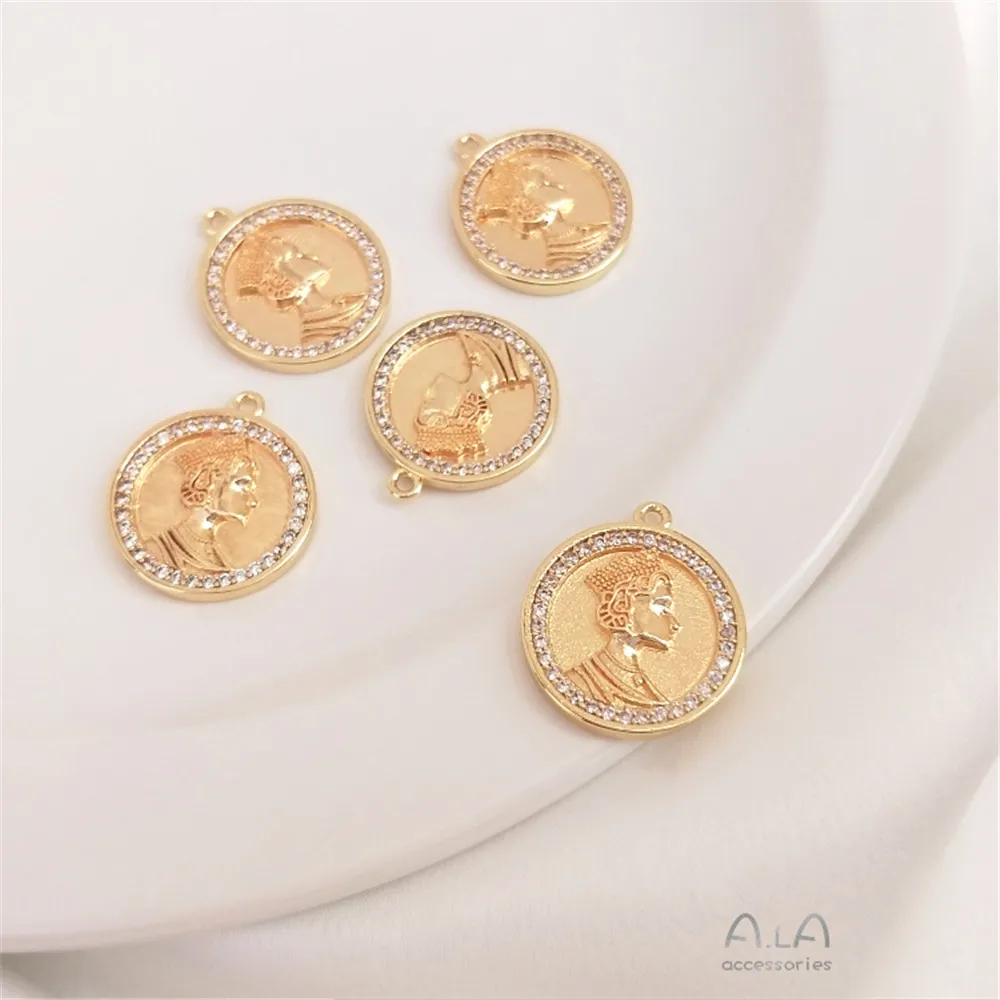

Cast copper inlaid zircon coin Queen's head round pendant DIY hand string necklace pendant
