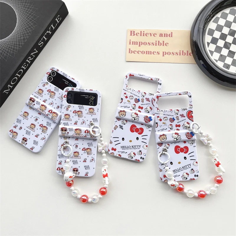 

Cute Sanrio Hello Kitty bow tie bracelet Phone Case for Samsung Galaxy Z Flip 3 Hard PC Back forZ Flip 4 Case Protective Shell