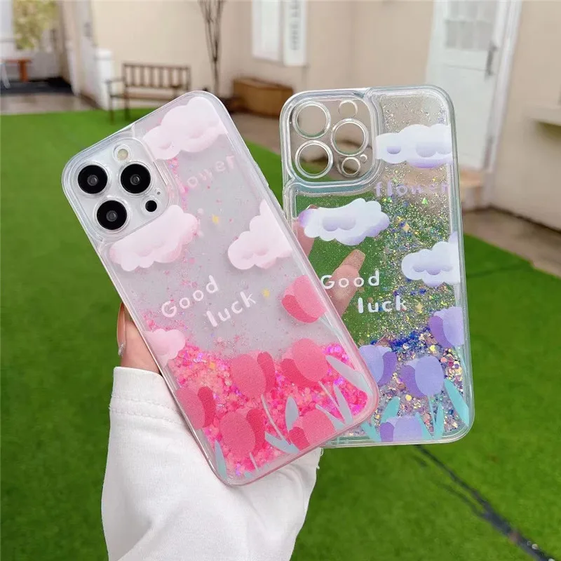 

Luminous Dynamic Phone Case For iphone 14 13 12 Mini 11 Pro XS Max XR 6 7 8 Plus SE2 Flower Glitter Liquid Quicksand clear Cover