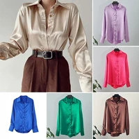 womens solid color satin shirt button up long sleeve blouse office lady loose top