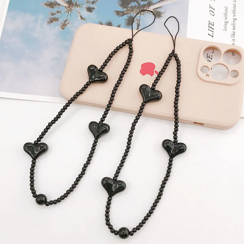 

Black Love Heart Beaded Mobile Phone Chain Charm Women Telephone Cellphone Anti-Lost Lanyard Wrist Chain Hanging Cord Wholesale