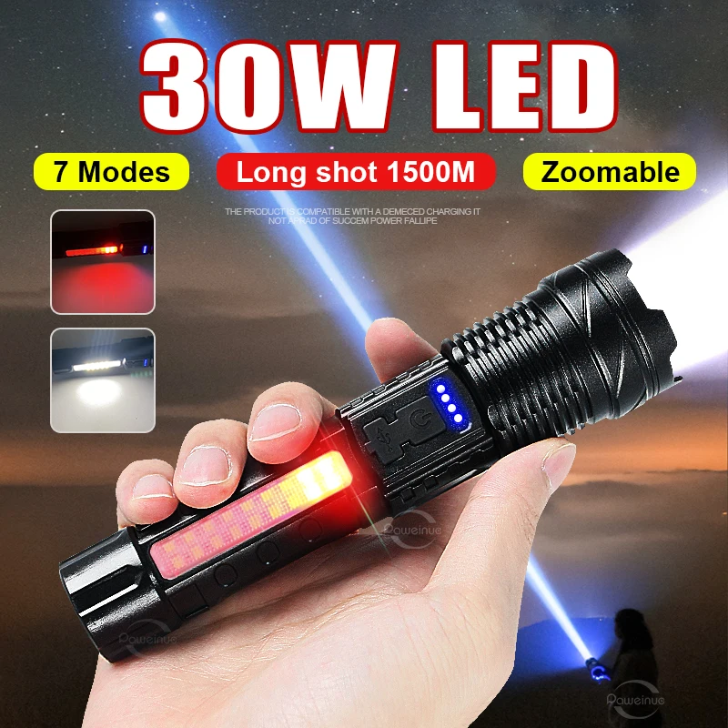 

30W High Power LED Flashlights Most Powerful Tactical Flashlight Rechargeable Long Shot Torch 7 Modes Hand Lamp With Side Light