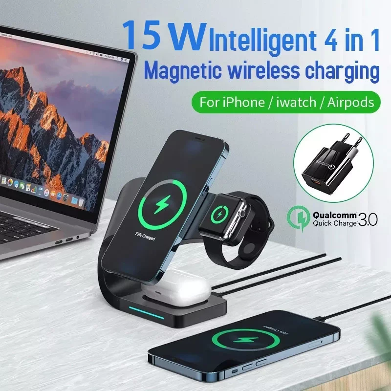 

Magnetic Wireless Chargers Stand For iPhone 12 Apple Series iWatch 6 5 4 3 Airpods Pro 4 In 1 QI Fast Charging Dock Station