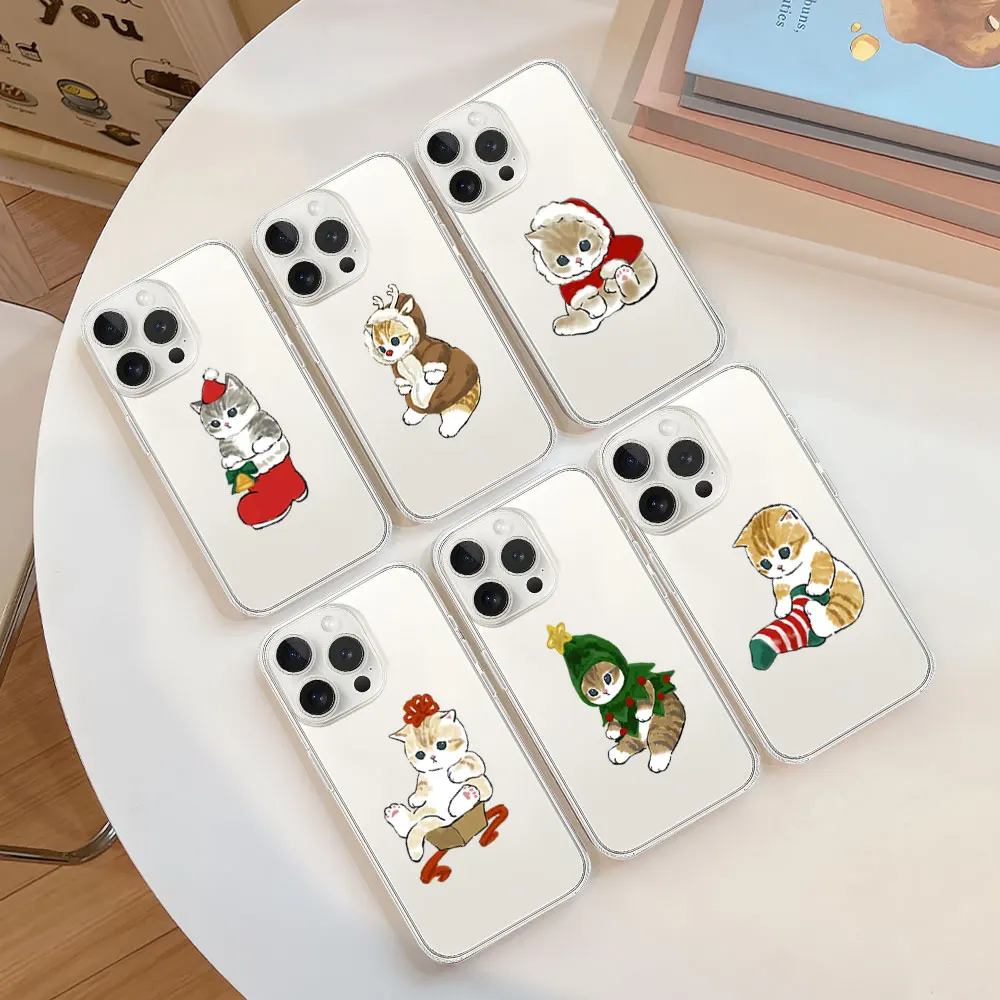 Phone Case for iPhone 11 12 13 14 15 16 Max Pro Plus Transparent Soft Shell Cute M-Mofusands Cat Christmas